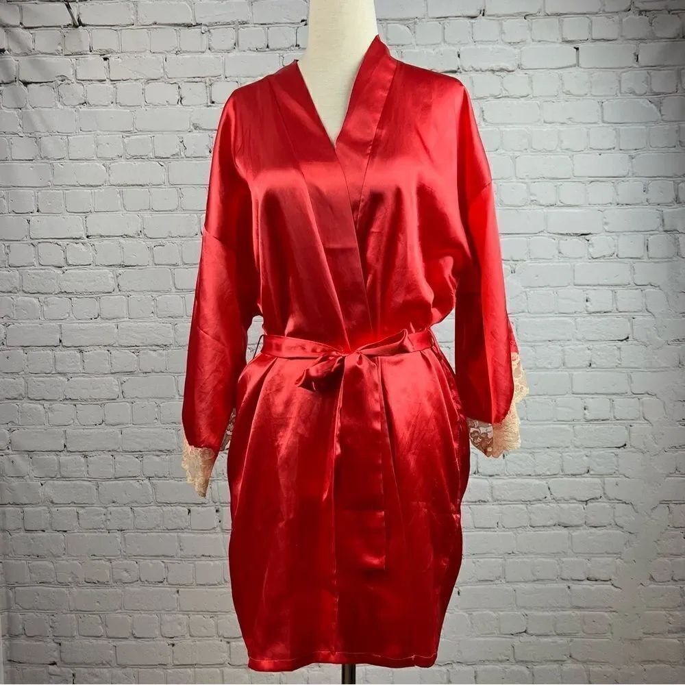 Fredricks of Hollywood Sexy Coral Satin Lace Trimmed Robe with Pockets & Belt